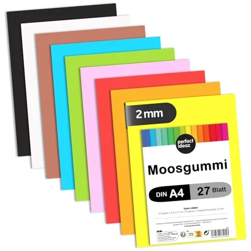 perfect ideaz - Moosgummi DIN-A4, 27 Blatt, 9 Farben, 29,7 x 21 cm (2 mm dick), farbiges Bastelmaterial für Kinder, Top Qualität