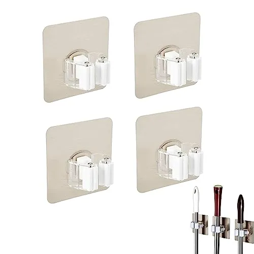 ZHjuju Besenhalterung Wand,4 Stück Wandhalterung Besen Ohne Bohren Besenhalter Selbstklebend Wand Gerätehalter Besen Mop Halter Besenmopphalter Besenhalter für Haus Küche Badezimmer Garten Garage