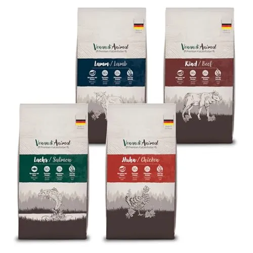 VenandiAnimal - Premium Trockenfutter für Katzen, Probierpaket Lamm, 4 x 1,5 kg (4er Pack), getreidefrei mit viel frischem Fleisch und Fisch