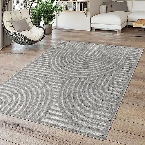 TT Home In-& Outdoor Teppich Wetterfest Balkon Küche Wohnzimmer Boho Skandi Design, Farbe:Hellanthrazit Grau, Größe:160x220 cm