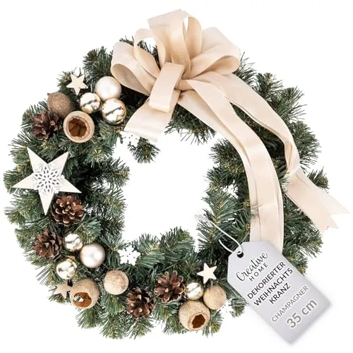 Creative Home Weihnachtskranz Champagner - 35 cm künstlicher Tannenkranz, festliche Deko für Tür, Wand und Tisch, ideal für Indoor und Outdoor