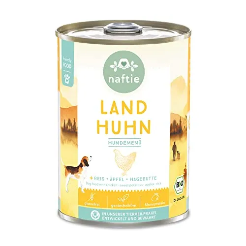 naftie Bio Hundefutter Land Huhn - Premium Nassfutter Menü mit Huhn, Reis, Äpfel und Hagebutten - Glutenfrei - purinarm - Diät-Futter - 400 g Dose