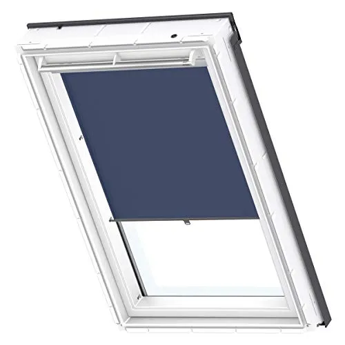 VELUX Sichtschutz-Rollo Dunkelblau für Dachfenster - Seitenzug-Rollo für VELUX Dachfenster, bietet Privatsphäre und Tageslicht, einfacher Einbau mit vormontierten Haken für verschiedene Höheneinstellungen.