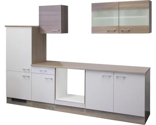 Flex Well Küchenzeile ohne Geräte Samoa 270 cm - Einbauküche in modernem Design, 270 cm breit und mit einer robusten Arbeitsplatte von 28 mm, ideal für kreative Kochabenteuer.