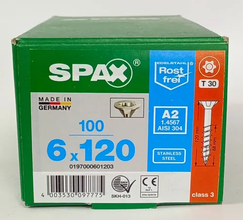 Spax Holzschrauben T-STAR plus - Edelstahl A2, 6 x 120mm, 100 Stück - Schrauben für Profis und DIY-Projekte, mit 4CUT-Spitze für schnelles Eindrehen ohne Vorbohren und hoher Korrosionsschutz durch Edelstahl A2.