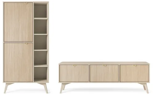 Moderne Wohnwand 2-teilig in Beige Herringbone - TV-Möbel & Schrankwände mit 5 Türen und offener Ablagefläche, ideal für stilvolle Wohnzimmergestaltung.