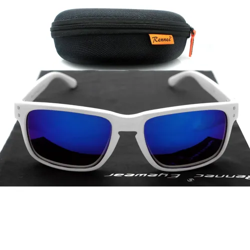 Rechteckige Nerd Sonnenbrille Weiß Matt mit Verspiegelten Blauen Gläsern - Klassische Sonnenbrille im rechteckigen Design, ideal für Herren und Damen. Leichter Kunststoffrahmen mit 100% UV400 Schutz für optimalen Komfort und Stil. Inklusive Brillenbox und Beutel.