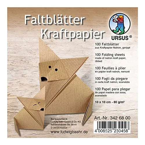 Ursus 3426800 - Faltblätter Kraftpapier, ca. 10 x 10 cm, aus Natron Kraftpapier, 80 g/qm, 100 Blatt, gerippt, für kleine und große Origami Künstler, ideal für kreative Bastelarbeiten