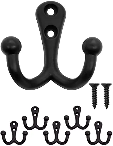Fuxxer 5x Massive Doppel-Haken Wandhaken, Garderobenhaken, Vintage, Eisen, Schwarz