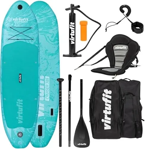 VirtuFit Supboard Cruiser 305 - Turquoise mit Kajak Sitz - Aufblasbares Stand-Up Paddling Board mit Kajaksitz, hohe Belastbarkeit bis 180 kg, rutschfeste Oberfläche für sicheres Paddeln und komplettes Zubehör für Abenteuer auf dem Wasser.