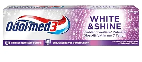 Odol-med 3 Zahnpasta White & Shine - Zahnpasta mit Micro Gloss Pearl Technologie für strahlend weiße Zähne in nur 7 Tagen – schützt vor neuen Verfärbungen und sorgt für ein glänzendes Lächeln.