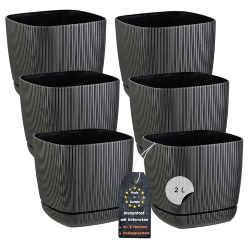 Engelland - 6 x Blumentopf mit Drainagesystem, Untersetzer, Farbe: Schwarz, Rillenoptik, Pflanz-Topf, Kübel, modern, Kunststoff, quadratisch, 15 x 15 cm, 2 Liter