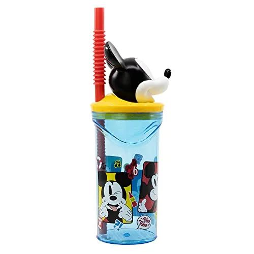 Stor Disney Mickey Mouse 3D Plastikbecher für Kinder, 360 ml, BPA-frei, mit 3D-Mauskopf und integriertem Strohhalm, wiederverwendbar und leicht zu waschen