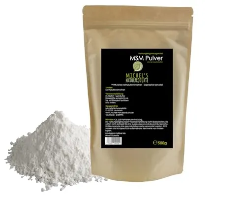 Michel´s Naturprodukte - MSM Pulver, 500g, 99,9% Reines Methylsulfonylmethan, Ohne Zusatzstoffe - Ohne Gentechnik – Vegan, Organischer Schwefel