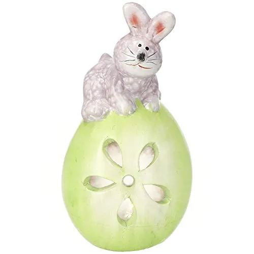 KADAX Osterdeko, Keramische Osterfiguren, Osterarrangement, Miniatur Figuren, Bunte Dekorationen, Osterhase, Dekohase, Hasen, Ostergeschenk (Grün, Hase mit Ei)