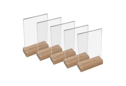 HMF Einzelrahmen 4694 Acryl Tischaufsteller, für 1 Bilder (5 St), T-Ständer mit Holzfuß aus Eichenholz, DIN A5 Hochformat, Glasklar