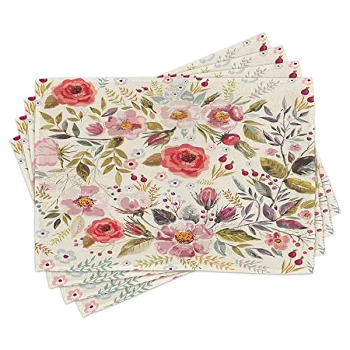 ABAKUHAUS Shabby Flora Platzmatten, Abstrakte Blumen Rosen, Waschbare Stoff Esszimmer Küche Tischdekorations Digitaldruck, Koralle Elfenbein