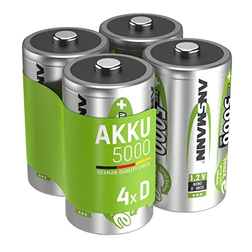 ANSMANN Akku D 5000mAh Mono NiMH 1,2V – 1000x wiederaufladbar (4 Stück) - Hochleistungsakku mit geringer Selbstentladung für langlebigen Einsatz in Geräten mit hohem Stromverbrauch. Ideal für Taschenlampen, Spielzeug und mehr. Bis zu 1000x wiederaufladbar und schnellladefähig.