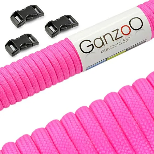Ganzoo Set Paracord 550 Seil mit 3 x Klickverschluss 3/8“ 10mm Gurt/Schnur 4mm, Nylon - Polyester, Typ 3, 30 Meter, Outdoor-Schnur, Allzweckseil, Armband knüpfen, basteln, neon Magenta