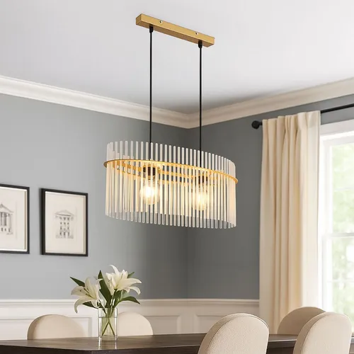Hängelampe Pendelleuchte GORLEY 2-Flammig E27 - Elegante Esszimmerleuchte mit gold matt Finish und opalen Glasstäben. Sie sorgt für warme Beleuchtung und stilvolles Ambiente in jedem Raum.