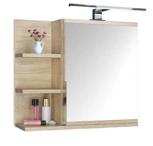 DecoNest Spiegelschrank 60x50 Sonoma Eiche, Badezimmerschrank mit Ablagen, Badezimmerspiegel, Hängeschrank LED Lampe - Links