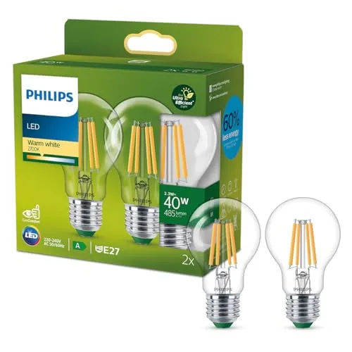 Philips Ultra Efficient – Ultra-energiesparende Lampe, LED-Lichtquelle, 40W, A60, warmweiß, klar, 2er Pack