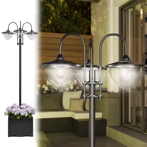 Outsunny Solar Laterne 3er Set - Stehleuchte aus Metall - Lampen für den Garten, energieeffiziente Solarleuchte mit Lichtsteuerung, dekorativer Blumentopf-Basis und 6 Stunden Leuchtdauer.