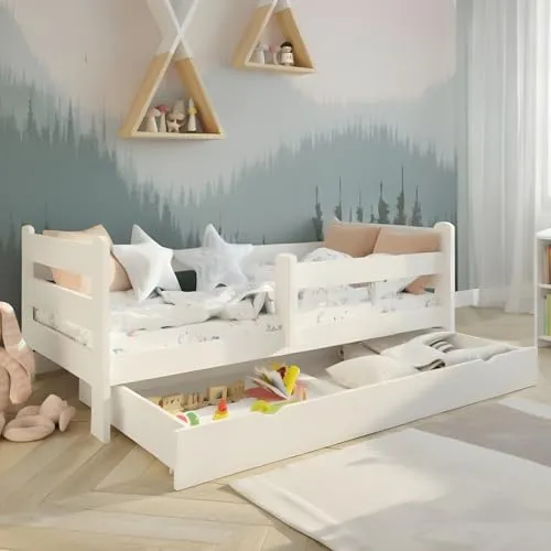 Kids Collective Kinderbett 90x200 cm Kinder Bett Jugendbett Juniorbett | Mit Rausfallschutz & Schublade | Stabiles Kiefernholz | 90×200 cm von 4. bis 16. Lebensjahr | Weiß