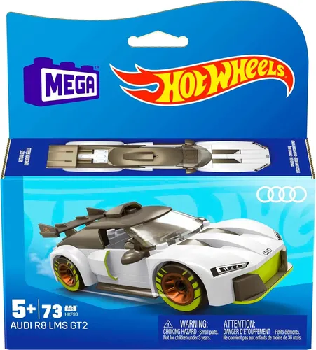 MEGA HOT Wheels Audi R8 LMS GT2 - 73-teiliges Bauspielzeug mit beweglichem Rennfahrer, fördert Kreativität und Problemlösungskompetenz für Kinder ab 5 Jahren