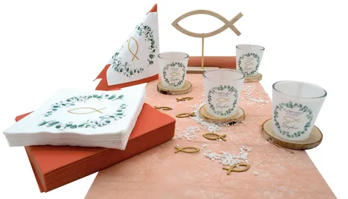 ZauberDeko Tischdecke Tischdeko Personalisiert Kommunion Eukalyptus Orange Natur Holz SET