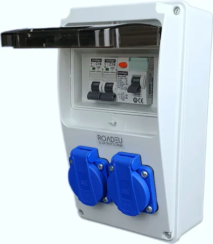 RoadEu Stromverteiler 2x Schuko 230V mit Fi Schutzschalter - Sonstige Elektroinstallationsartikel mit 2x 230V Schuko-Steckdosen, ideal für Indoor und Outdoor, ausgestattet mit Fi- und Leitungsschutzschaltern für maximale Sicherheit.