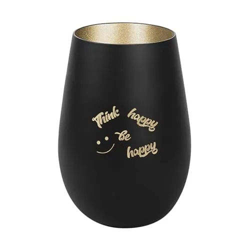 Der-Porzellan-Laden Windlicht mit Gravur Think Happy be Happy, Schwarz Gold, Teelichthalter aus Glas mit Spruch, Tischdeko modern