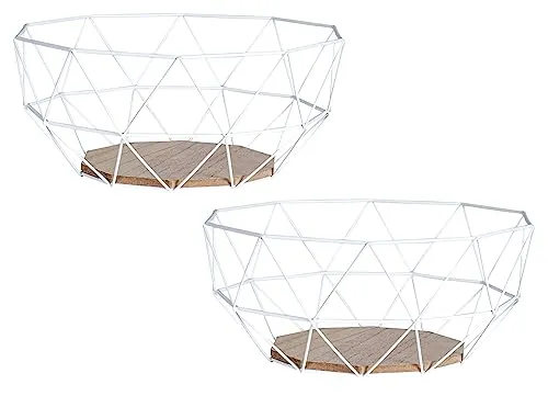 levandeo 2er Set Korb Metall Weiß 26x12cm Obstkorb Modern Holz MDF Braun Schüssel Schale Deko Design Tischdeko