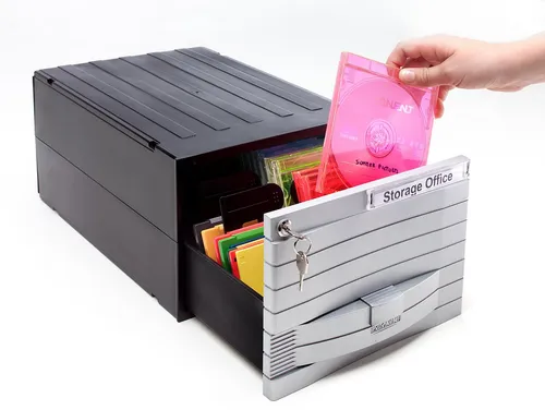 EXPONENT Aufbewahrungsbox 34602 für 48 oder 96 CDs - Modulare Aufbewahrungsbox für 48 CDs in Jewel Box oder 96 im Slim Case, aus antistatischem Kunststoff mit Schloss für sicheren Schutz. Ideal für professionelle Archivierung.