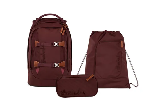 Satch Schulrucksack-Set PACK Nordic Ruby 3-teilig - Ergonomischer Schulranzen für die 5. Klasse mit anpassbarem Your-Size-System, gepolstertem Laptop-Fach und Reflektoren für Sicherheit. Inklusive Mäppchen und Sportbeutel.