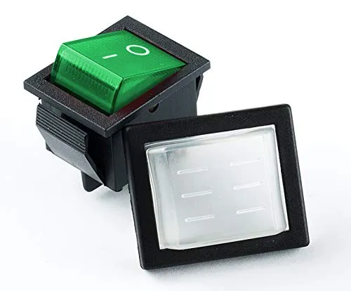 Wippschalter eckig grün beleuchtet 2-polig 250V 16A EIN/AUS Snap-In Montage Einbaumaß 30x22mm 201A und Schutzkappe WP-05