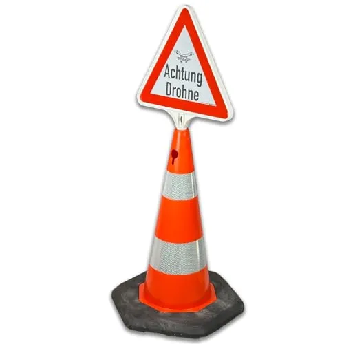 Achtung Drohne: Reflektierender Kegel mit wechselbarem Schild – Schnell aufgestellt und mobil einsetzbar (Achtung Drohne, 70 cm - Schild 2 Seiten bedruckt)