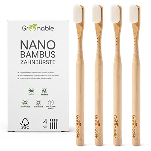 Greenable ® Nano Zahnbürste aus Bambus [4er Set] – 20.000 weiche Borsten - Handzahnbürsten mit 20.000 ultrafeinen Borsten für sanfte Reinigung, 100% BPA-frei und umweltfreundlich aus nachhaltigem Bambus.