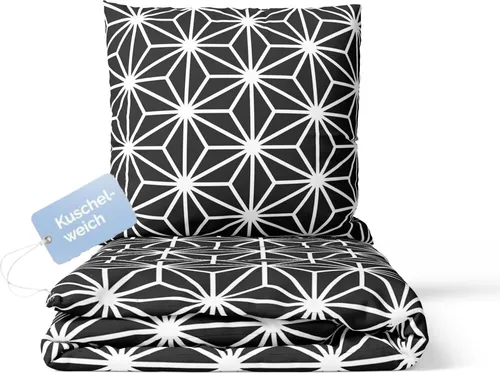 Bettwäsche 155x220 cm 2 teilig Schwarz Bettbezug weiß stern gemustert 100% Mikrofaser Bügelfrei
