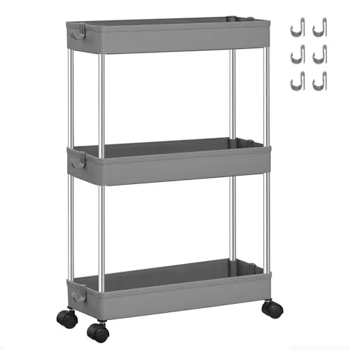 SONGMICS Rollwagen, Küchenwagen mit 3 Ebenen, Nischenregal, Edelstahl | Küchenregal, mit 6 Haken, 360° drehbare Räder, arretierbar, Bad, Küche, Büro, Grau, 14,4 x 42 x 60,6 cm, KSC007G01