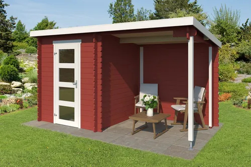 Gartenhaus Blockhaus Pultdach 28 mm Jelle Plus rot 390x195 cm