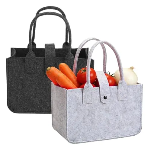 Touosy 2 Stück Filztasche Groß Filztaschen Shopper Schwarz Hellgrau | Einkaufstasche Filzkorb Faltbar Tragetasche Filz Tasche mit Verschluss für Einkaufen Picknick Aufbewahrung (30x20x18cm)