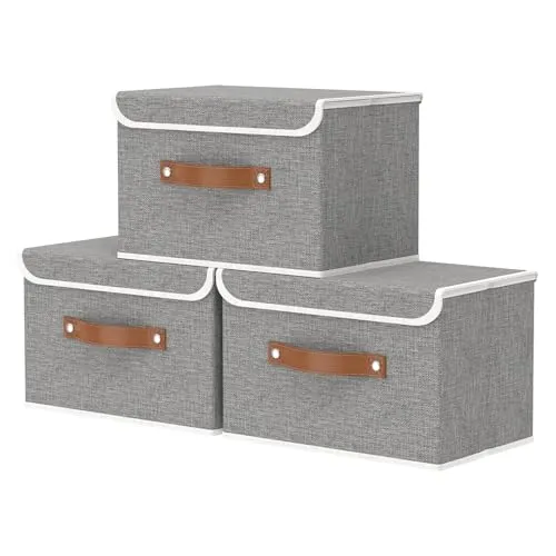 OUTBROS Aufbewahrungsboxe mit Deckel, 38 x 25 x 25 cm, Faltbare Stoffboxen,Aufbewahrungskörbe,kleiderschrank Organizer,Regalkörbe,Grau,3 Stück,ST02GS3