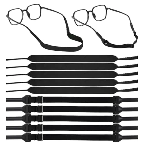 Lwezgi 10 Stück Brillenbänder, Brillenband Sport Verstellbar, 2 Stile Schwarz für Sonnenbrillen, Lesebrillen und Sportbrillen