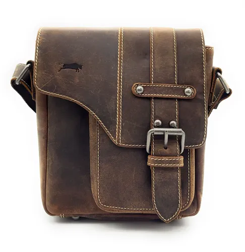 Ven Tomy Büffelleder Umhängetasche für Damen und Herren - Hochwertige Messenger-Bag aus braunem Büffelleder, ideal für den Alltag und elegante Anlässe. Vintage-Design mit robustem Reißverschluss und praktischem Innenfutter.