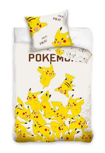 Pokemon Bettwäsche 135 x 200 cm - Bettwäsche aus 100% Baumwolle, farb- und formbeständig, ideal für kleine Pokemon-Fans. Set enthält Kissen- und Bettbezug für süße Träume.
