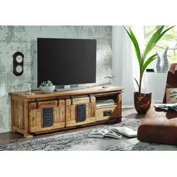 MASSIVMOEBEL24.DE Railway TV-Board 160x45x50 aus Mango - TV-Halterung mit einzigartigem Unikat-Design aus naturbelassenem Mangoholz, bietet viel Stauraum und passt perfekt in rustikale Wohnräume.