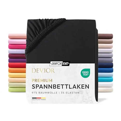 Devior Premium Spannbettlaken 140x200cm - 160x220cm für Boxspringbetten bis 32cm, 100% Baumwolle, Schwarz – 190 g/m² Anti-Statisches, atmungsaktives Bettlaken mit Einlaufschutz, Matratzenbezug Schwarz