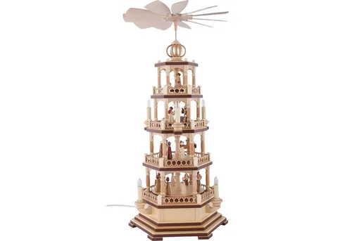 Müller Kleinkunst GmbH Seiffen Weihnachtspyramide 4-stöckige Heilige Geschichte 70cm - Exquisite Weihnachtspyramide mit 230 V Elektromotor, handgefertigt aus edlen Hölzern. Sie zeigt die heilige Weihnachtsgeschichte und bringt festliche Stimmung in Ihr Zuhause.