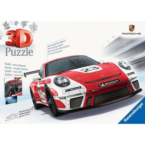 Ravensburger 3D Puzzle Porsche 911 GT3 Cup Salzburg Design 11558 - 108 Teile, Easyclick Technology und bewegliche Räder für ein einzigartiges Puzzleerlebnis!